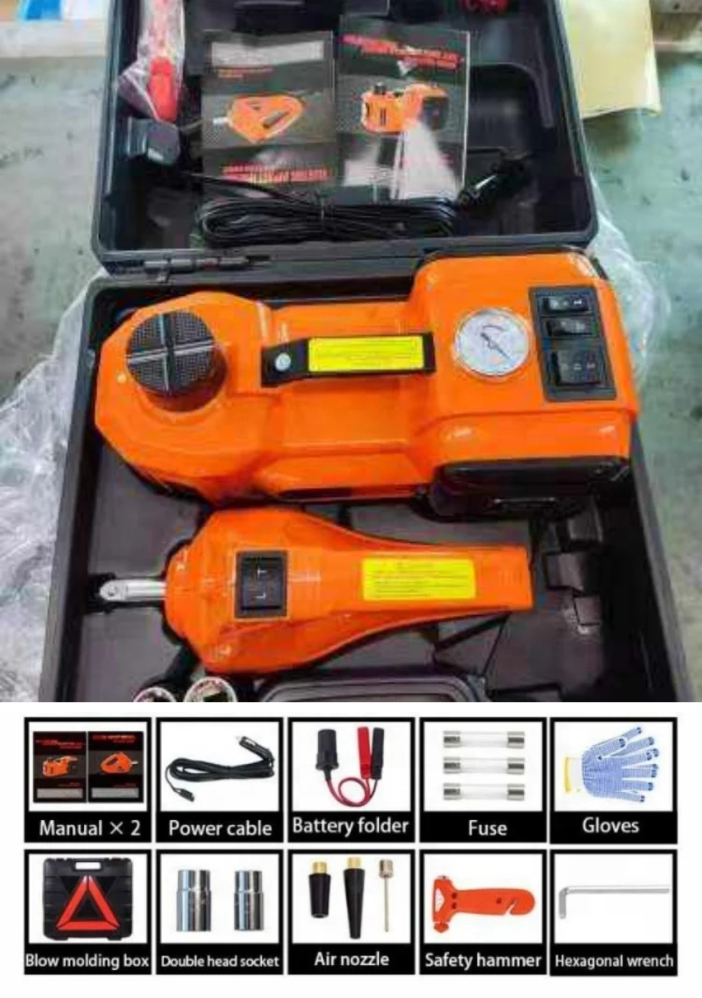 3-in-1 Car Emergency Kit | 5-Ton  Electric Hydraulic Jack + Tire Inflator + Impact  Wrench